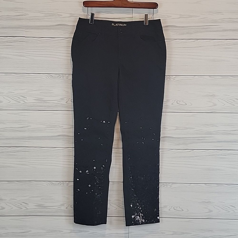 Chico's Platinum Black Denim Sequin Embellished Pants Womens Size S (Chicos 00)